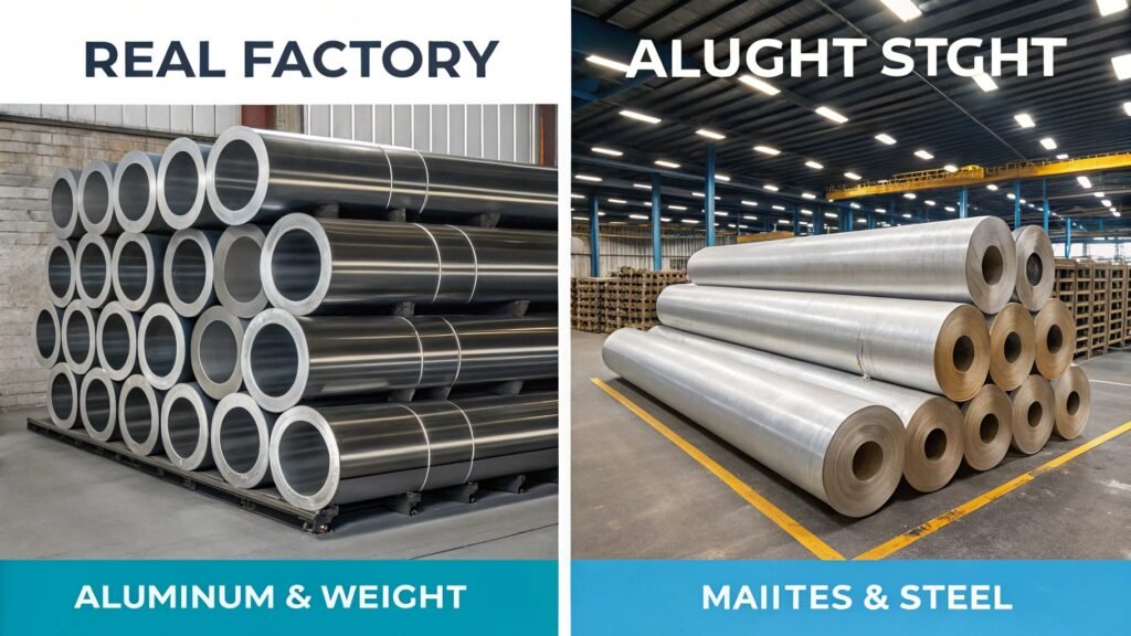 A comparison infographic showing two identical-sized components, one made of steel and one of a high-strength aluminum alloy. The steel component is labeled "Higher Absolute Strength" and the aluminum component is labeled "Superior Strength-to-Weight."